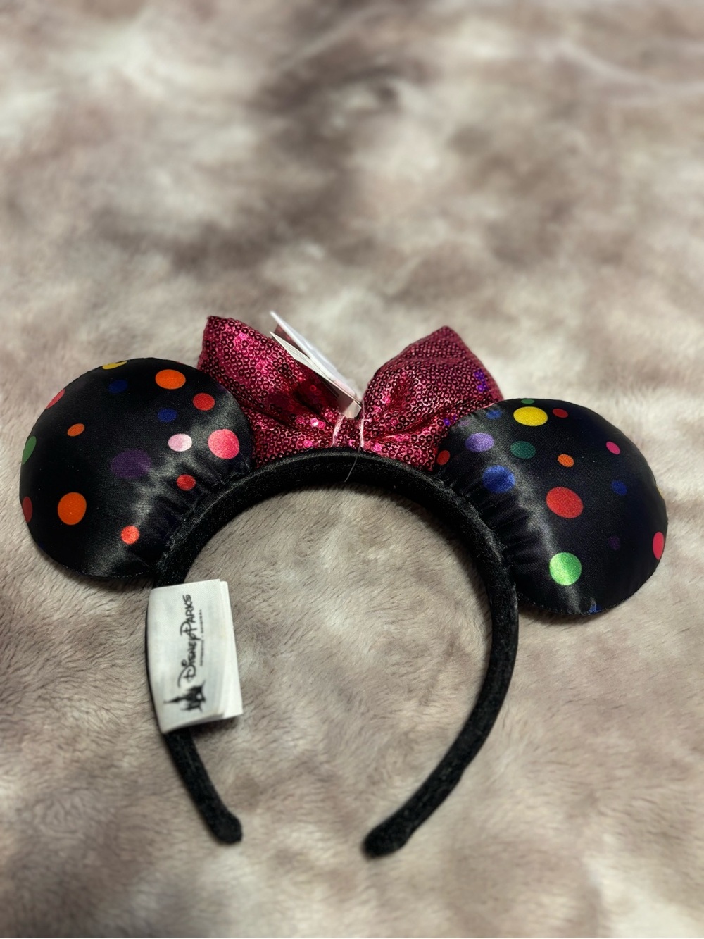 Disney Parks Minnie Mouse Polka Dot Ears Pink Sequin Bow Headband